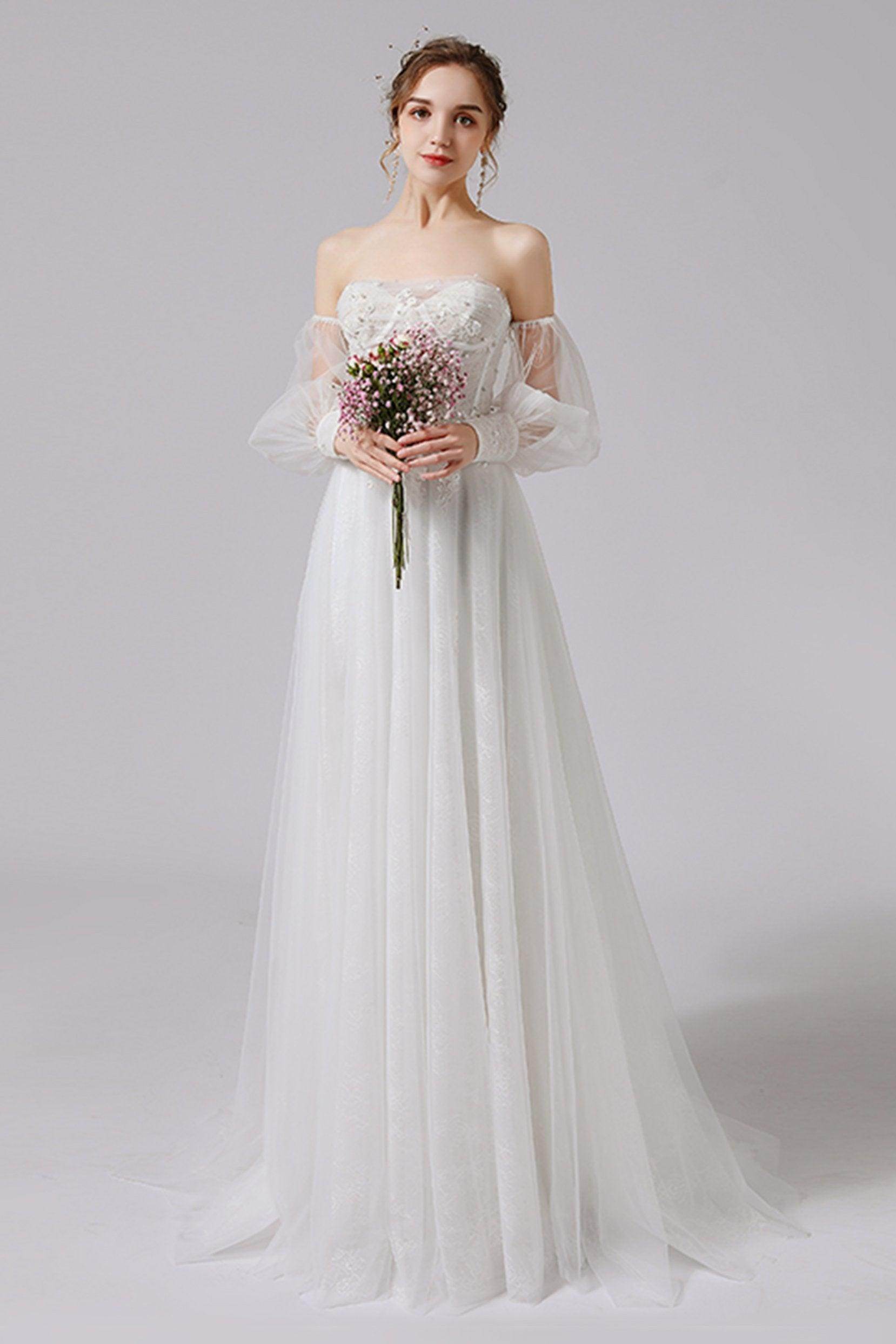A-Line Floor Length Lace Tulle Wedding Dress CW2712 - COCOMELODY